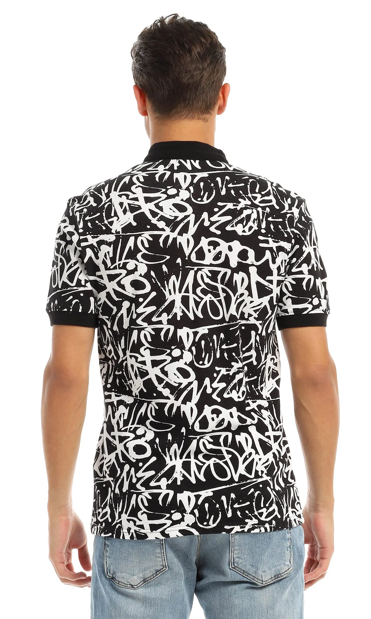 97557 Patterned Buttoned Mandarin Collar Black & White T-Shirt