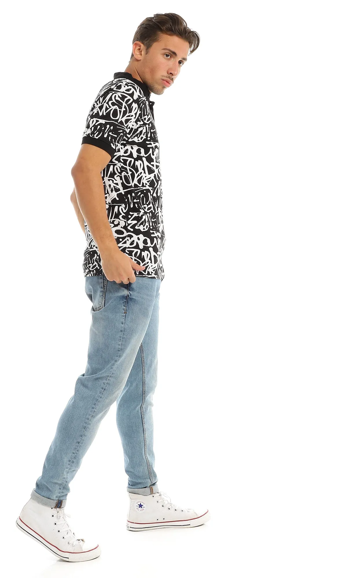 97557 Patterned Buttoned Mandarin Collar Black & White T-Shirt