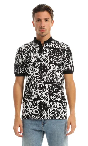 97557 Patterned Buttoned Mandarin Collar Black & White T-Shirt