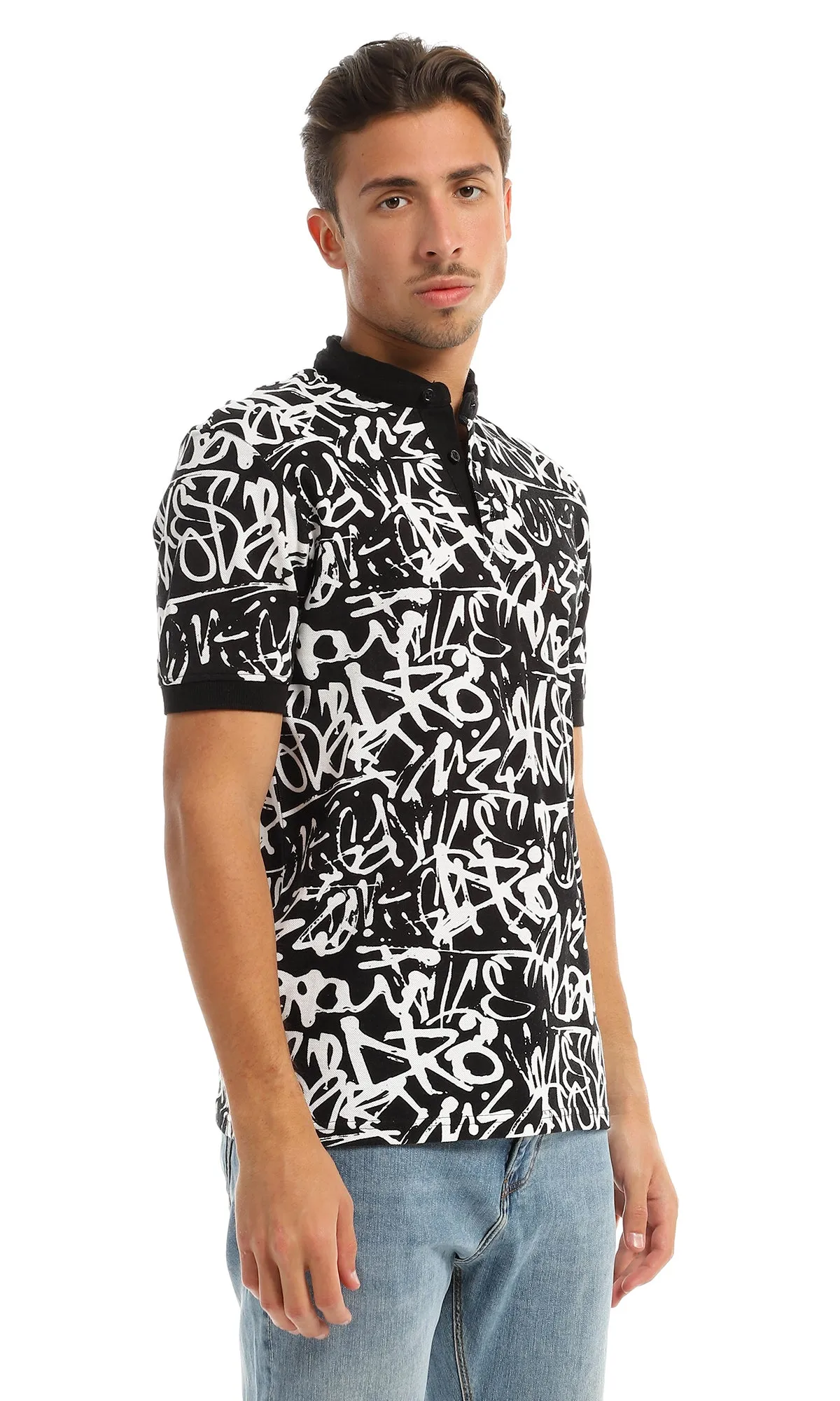 97557 Patterned Buttoned Mandarin Collar Black & White T-Shirt