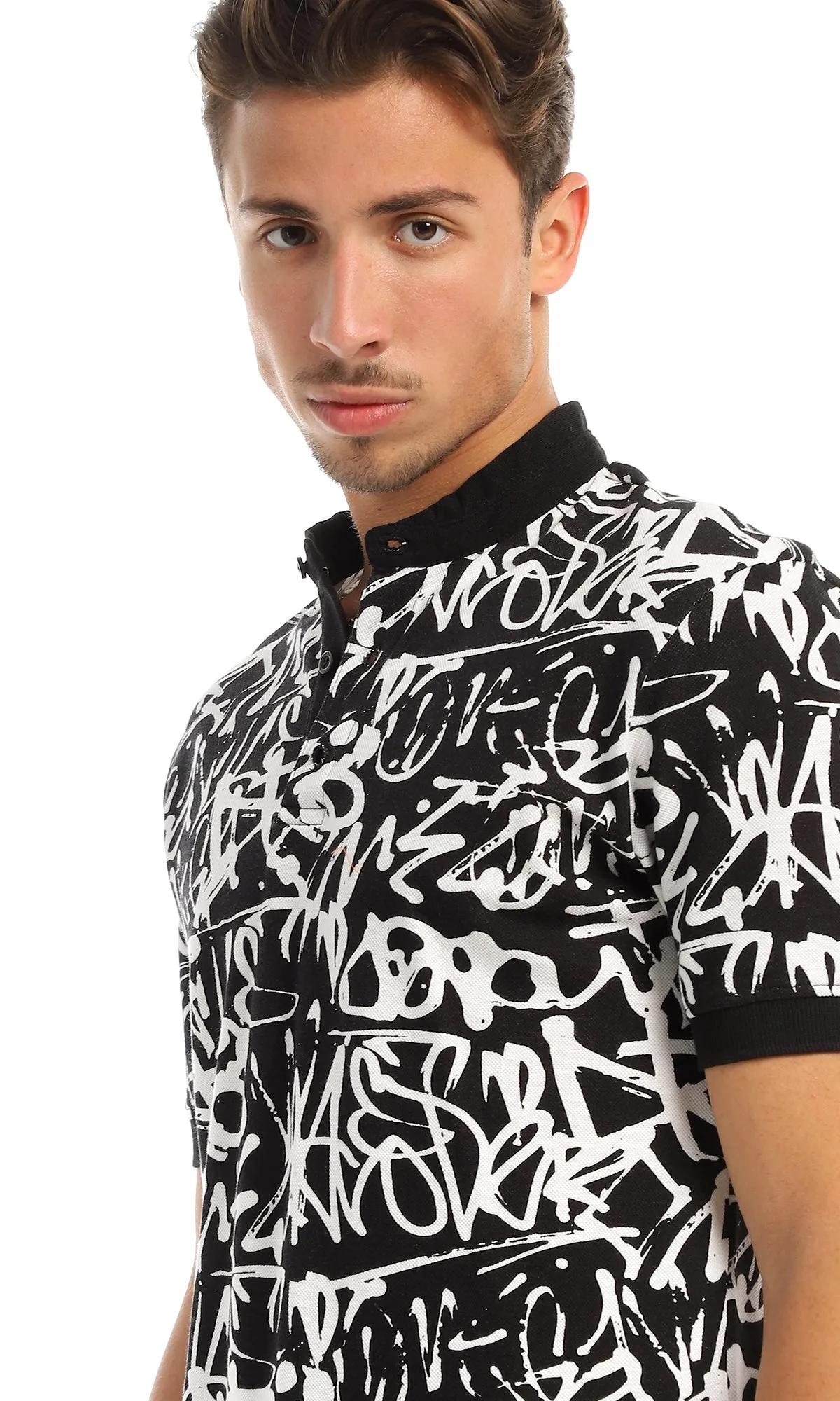 97557 Patterned Buttoned Mandarin Collar Black & White T-Shirt