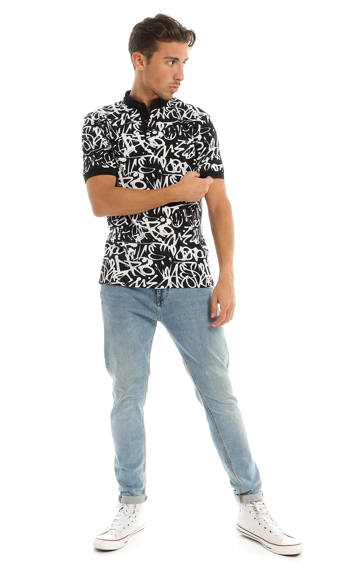 97557 Patterned Buttoned Mandarin Collar Black & White T-Shirt