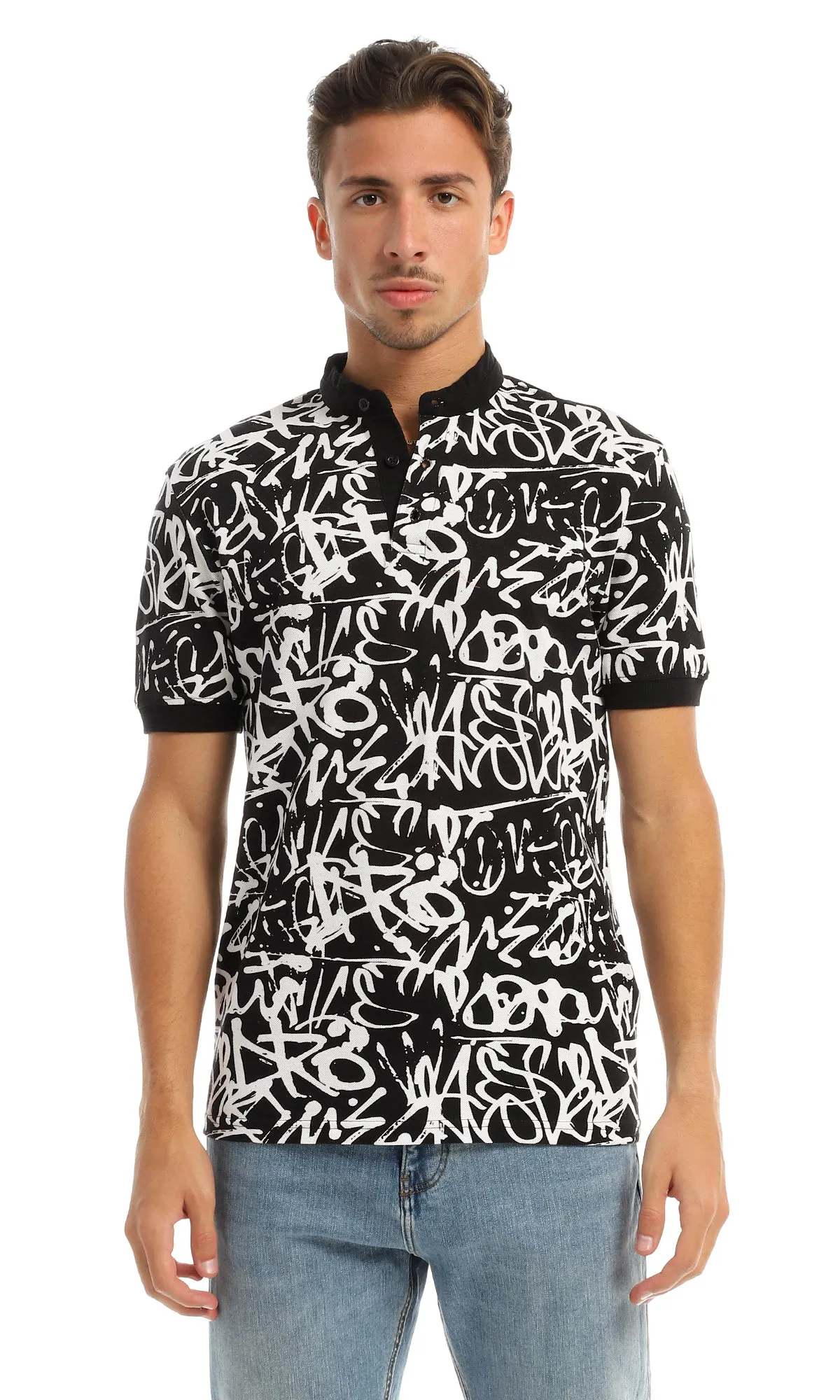 97557 Patterned Buttoned Mandarin Collar Black & White T-Shirt