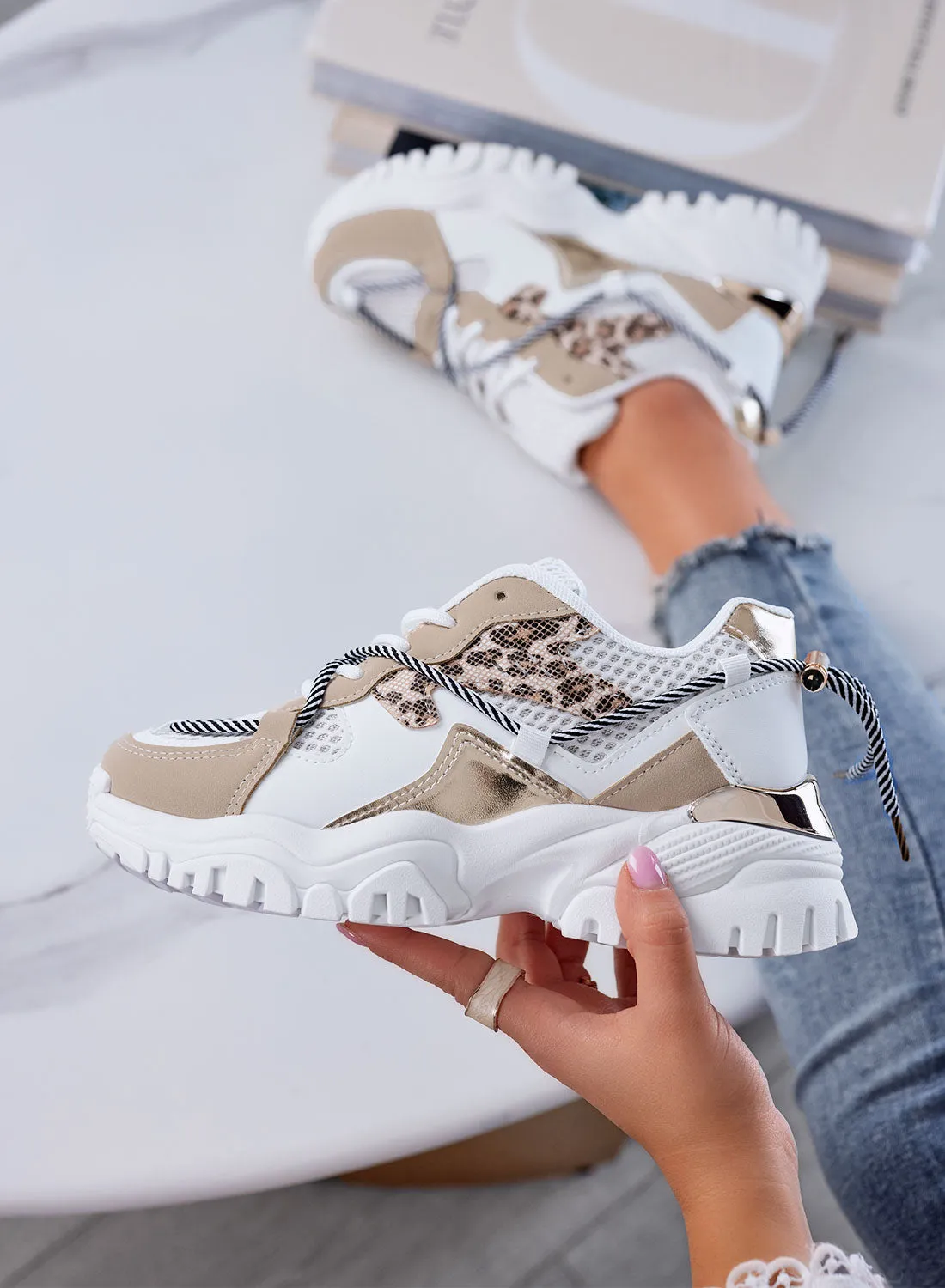 AMANDA - Chunky beige sneakers with animal print details