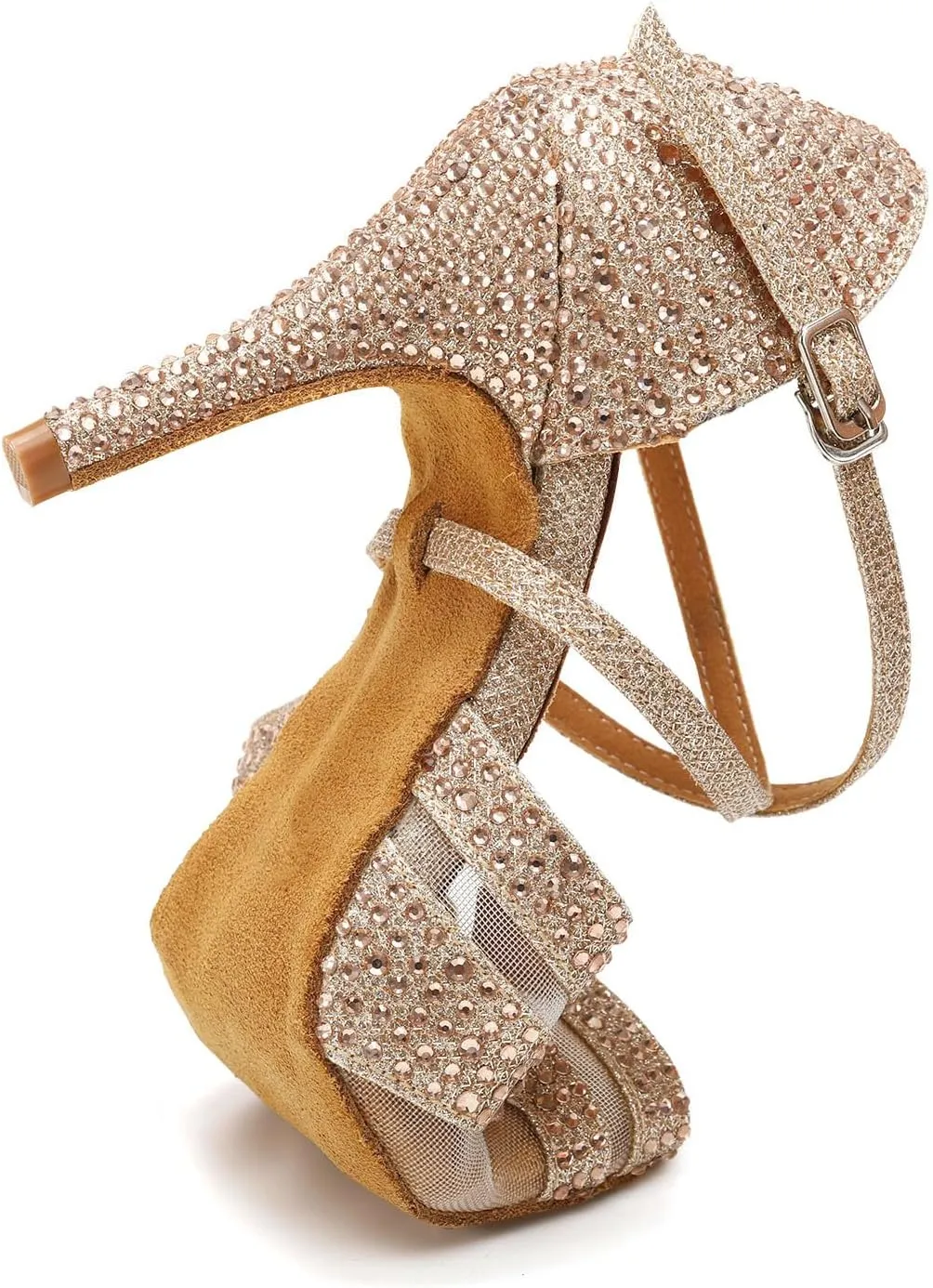 Ballroom Latin Dance Shoes for Women Rhinestone Salsa Bachata Dance Heels Rose Gold Wedding Dancing Shoes