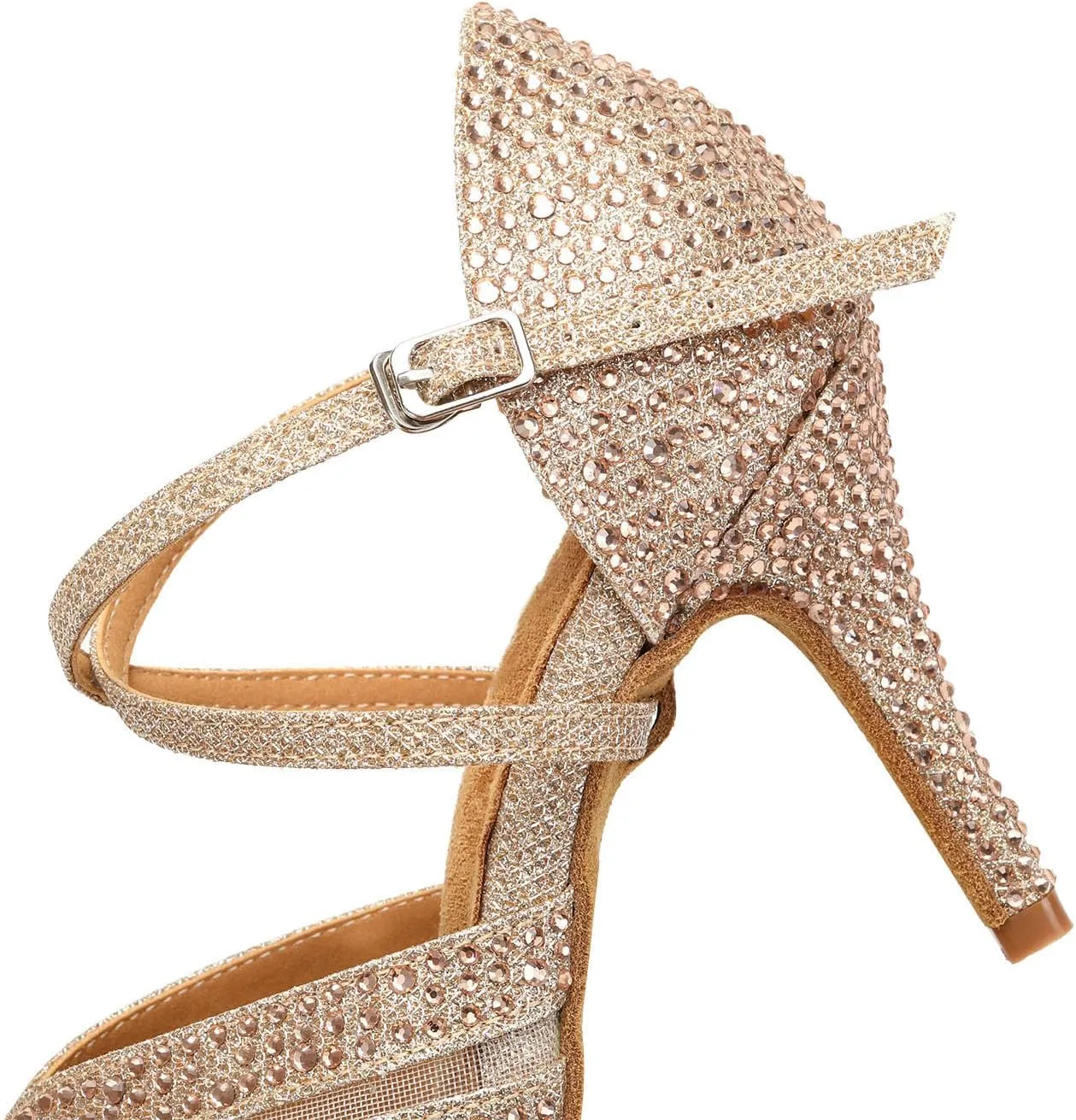 Ballroom Latin Dance Shoes for Women Rhinestone Salsa Bachata Dance Heels Rose Gold Wedding Dancing Shoes