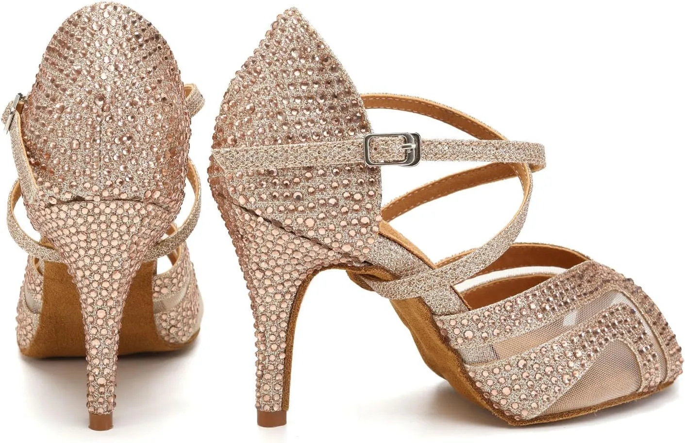 Ballroom Latin Dance Shoes for Women Rhinestone Salsa Bachata Dance Heels Rose Gold Wedding Dancing Shoes