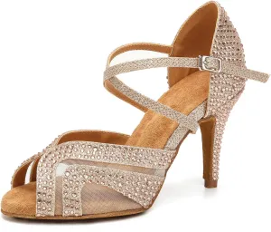 Ballroom Latin Dance Shoes for Women Rhinestone Salsa Bachata Dance Heels Rose Gold Wedding Dancing Shoes
