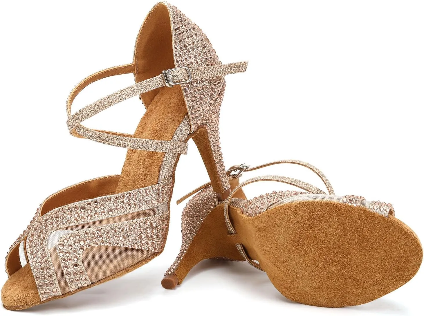 Ballroom Latin Dance Shoes for Women Rhinestone Salsa Bachata Dance Heels Rose Gold Wedding Dancing Shoes