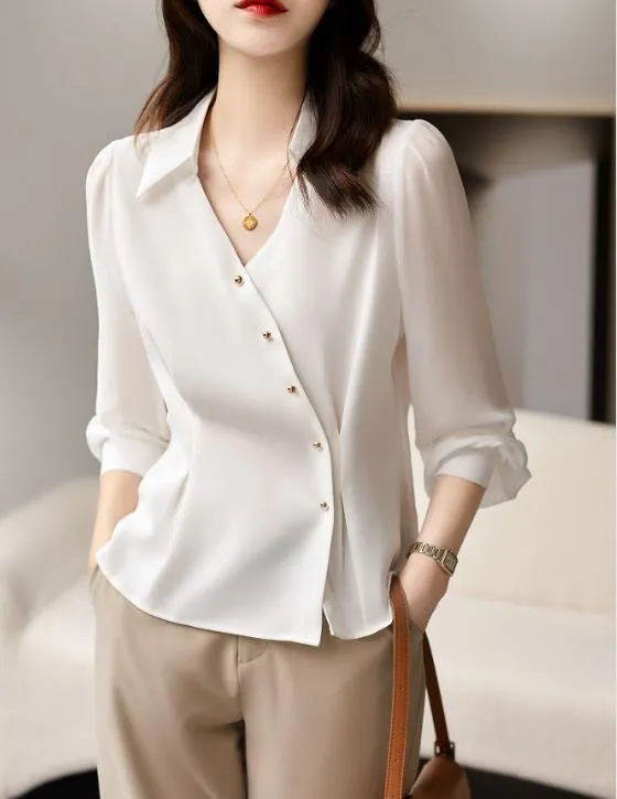 Casual top summer new all-match workplace commuting self-cultivation slim styling decorative slanted placket / light familiar shirt top female spring