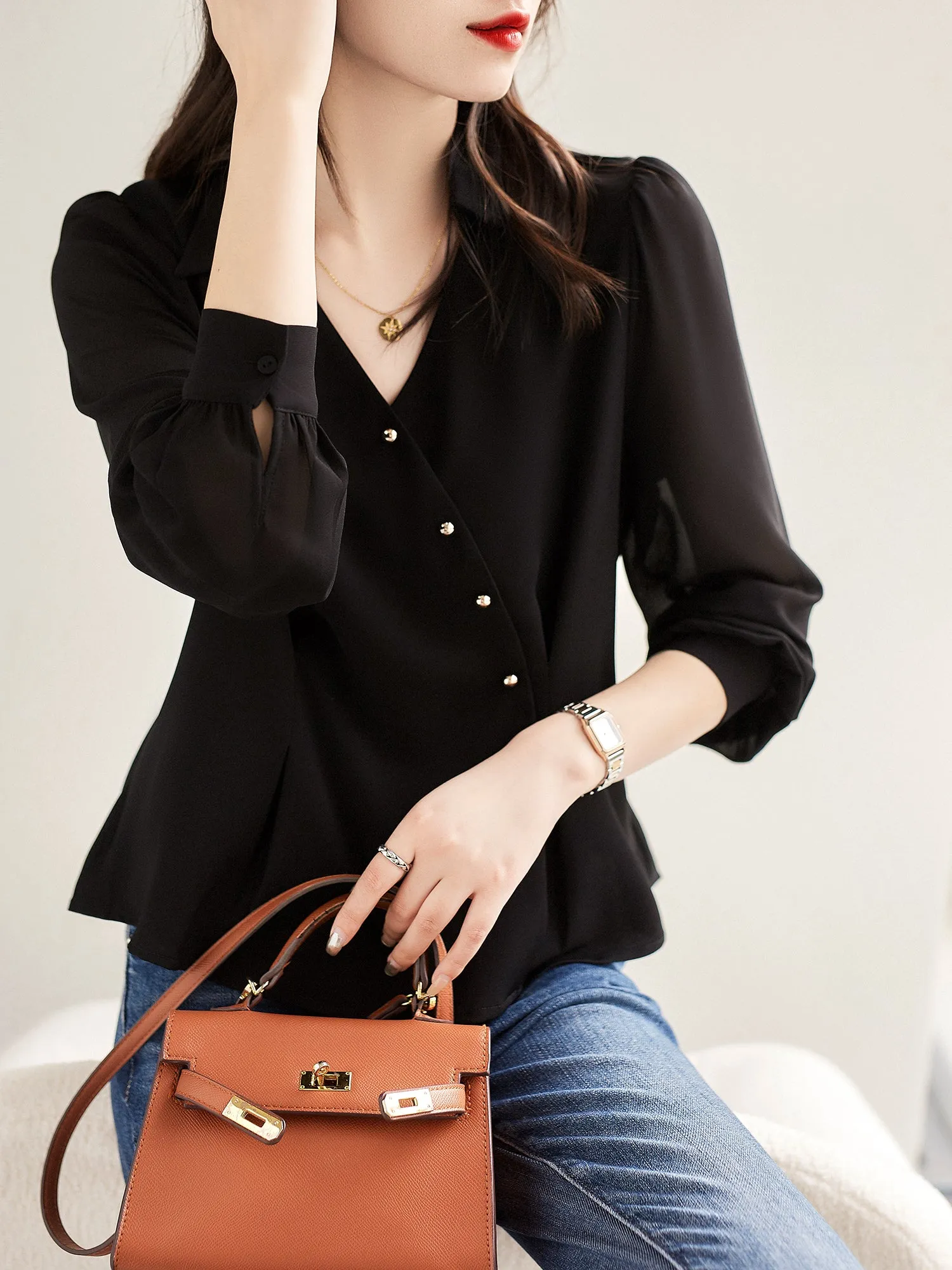 Casual top summer new all-match workplace commuting self-cultivation slim styling decorative slanted placket / light familiar shirt top female spring