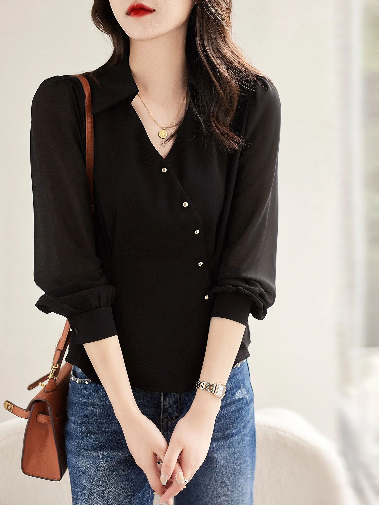 Casual top summer new all-match workplace commuting self-cultivation slim styling decorative slanted placket / light familiar shirt top female spring