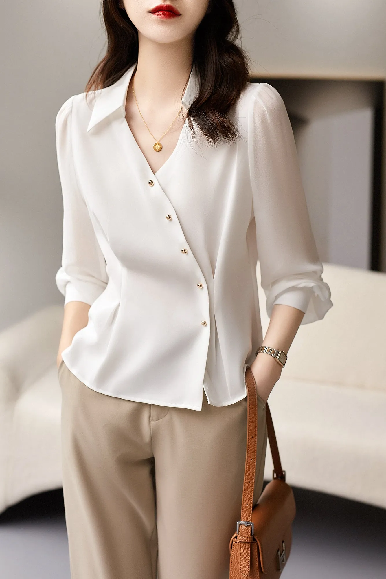 Casual top summer new all-match workplace commuting self-cultivation slim styling decorative slanted placket / light familiar shirt top female spring