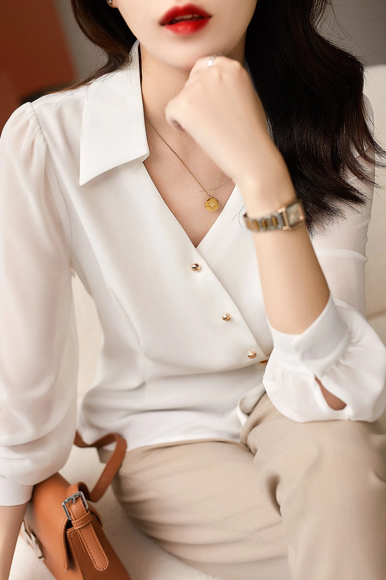 Casual top summer new all-match workplace commuting self-cultivation slim styling decorative slanted placket / light familiar shirt top female spring