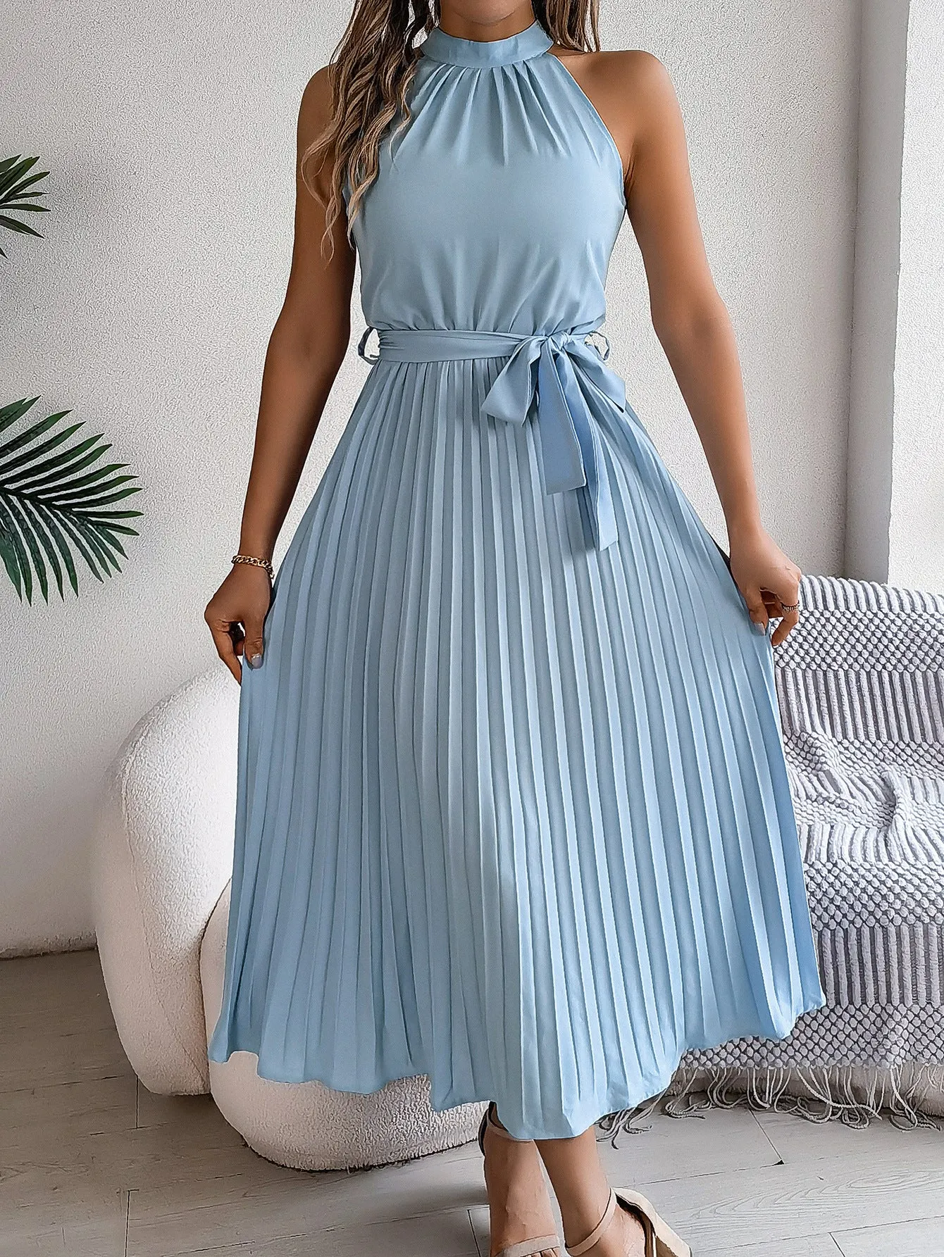 CEDRINE  Graceful Pleated Midi Dress