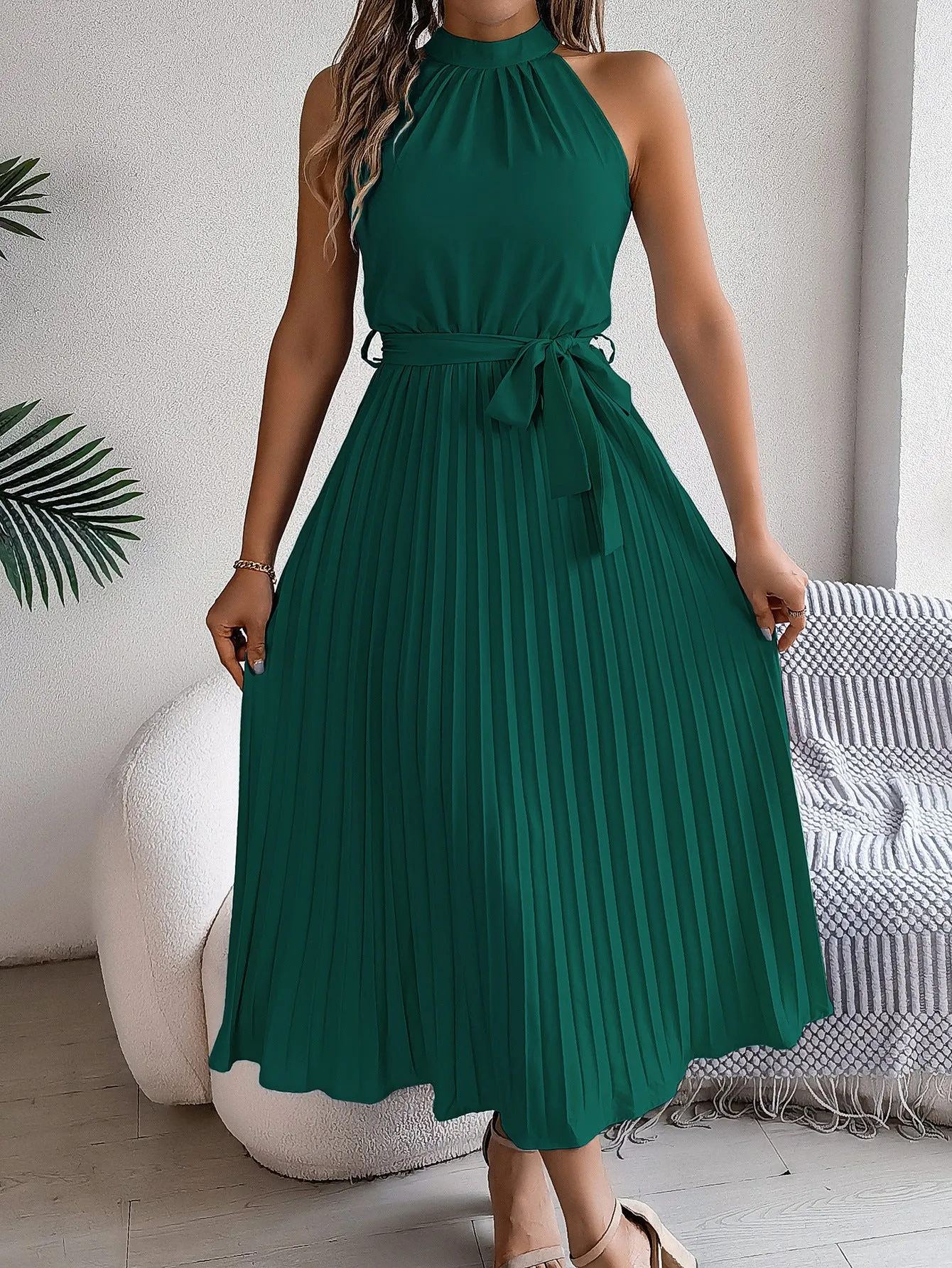 CEDRINE  Graceful Pleated Midi Dress