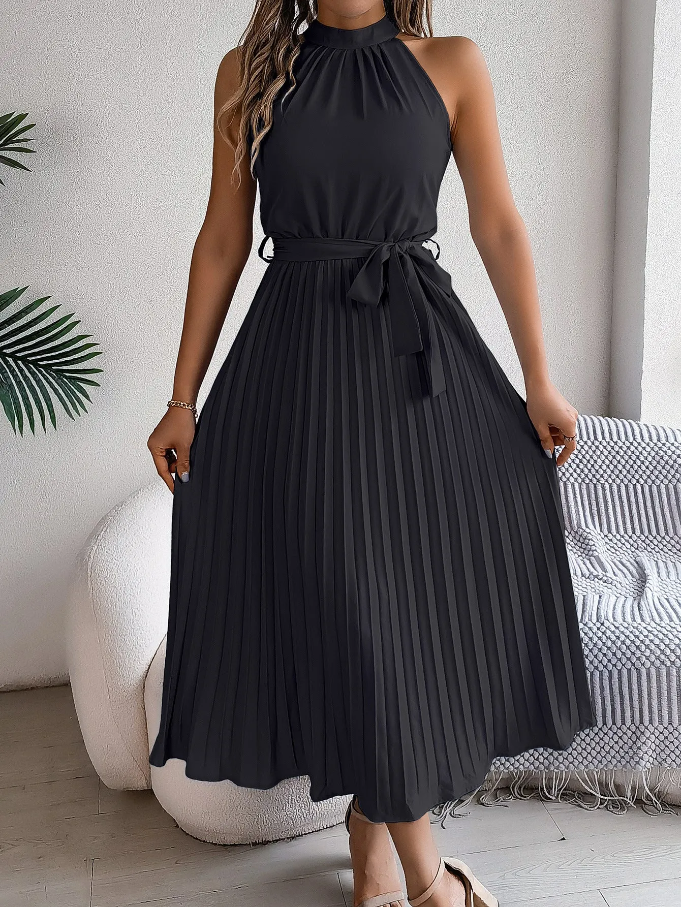 CEDRINE  Graceful Pleated Midi Dress