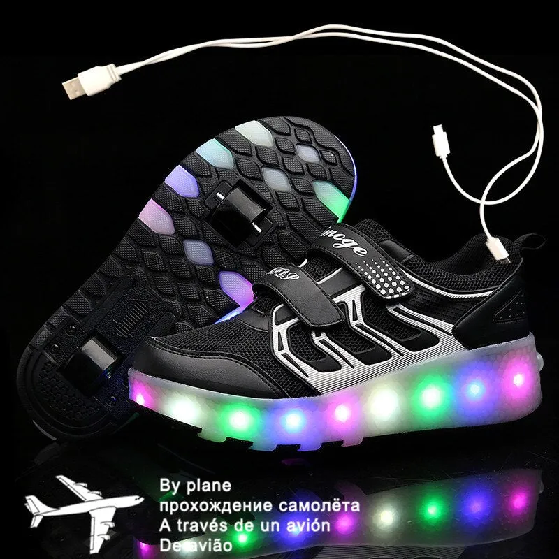 Children One Two Wheels Luminous Glowing Sneakers Gold Pink Led Light Roller Skate Shoes unisex usb charging