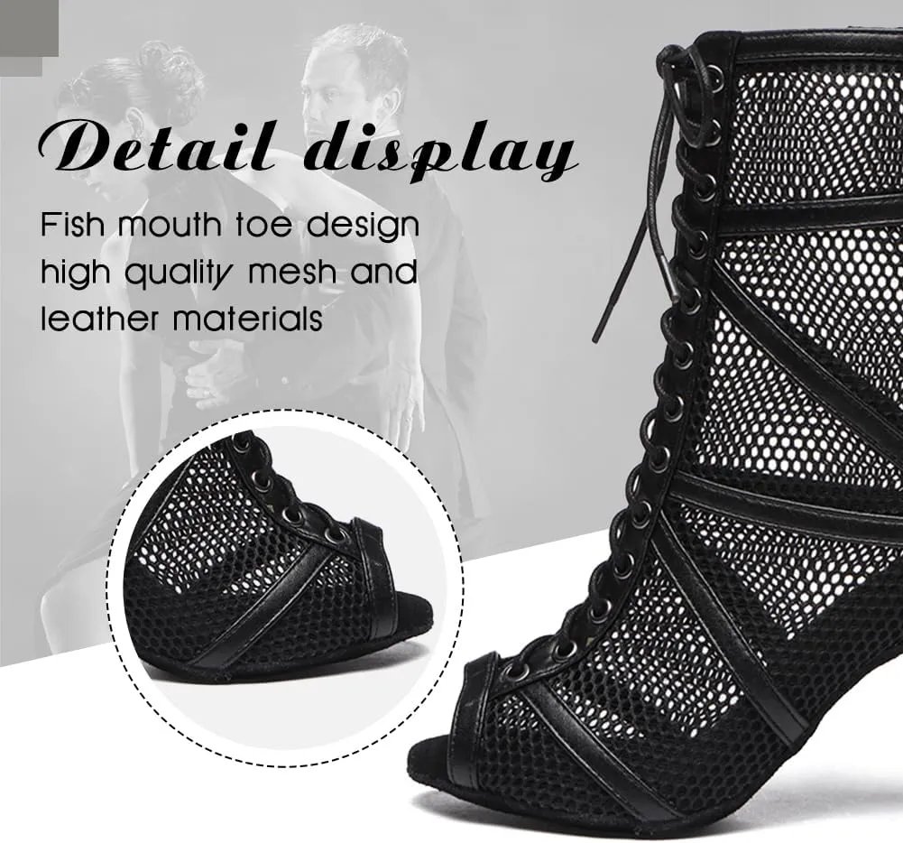 DKZSYIM Open Toe Dance Boots Women Latin Salsa Ballroom Lace-up Ankle Dance Shoes,Model YCL555
