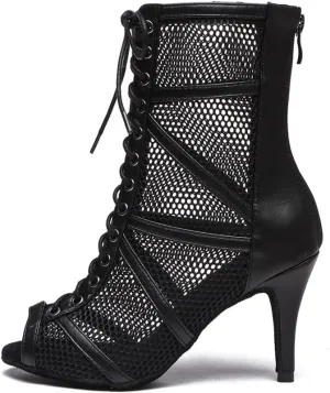 DKZSYIM Open Toe Dance Boots Women Latin Salsa Ballroom Lace-up Ankle Dance Shoes,Model YCL555