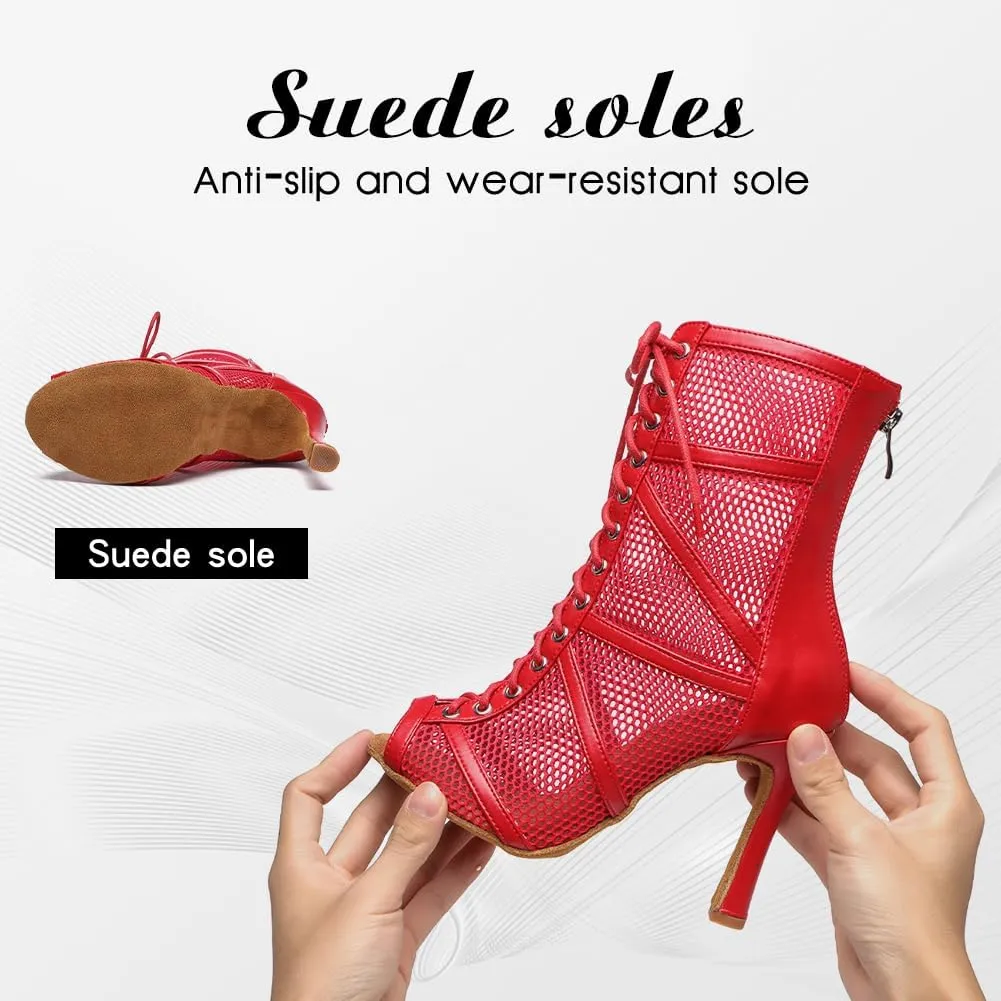 DKZSYIM Open Toe Dance Boots Women Latin Salsa Ballroom Lace-up Ankle Dance Shoes,Model YCL555