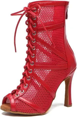 DKZSYIM Open Toe Dance Boots Women Latin Salsa Ballroom Lace-up Ankle Dance Shoes,Model YCL555