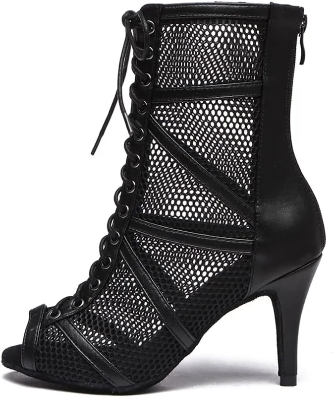 DKZSYIM Open Toe Dance Boots Women Latin Salsa Ballroom Lace-up Ankle Dance Shoes,Model YCL555