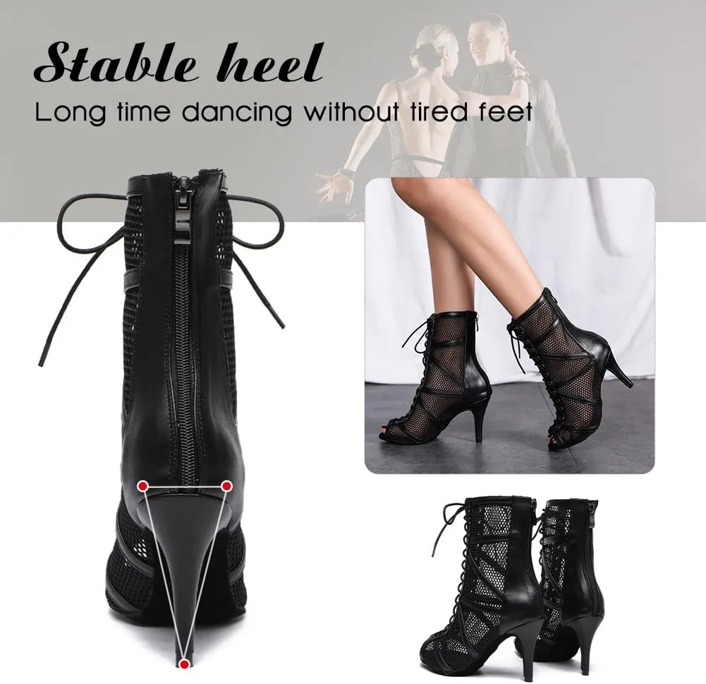DKZSYIM Open Toe Dance Boots Women Latin Salsa Ballroom Lace-up Ankle Dance Shoes,Model YCL555