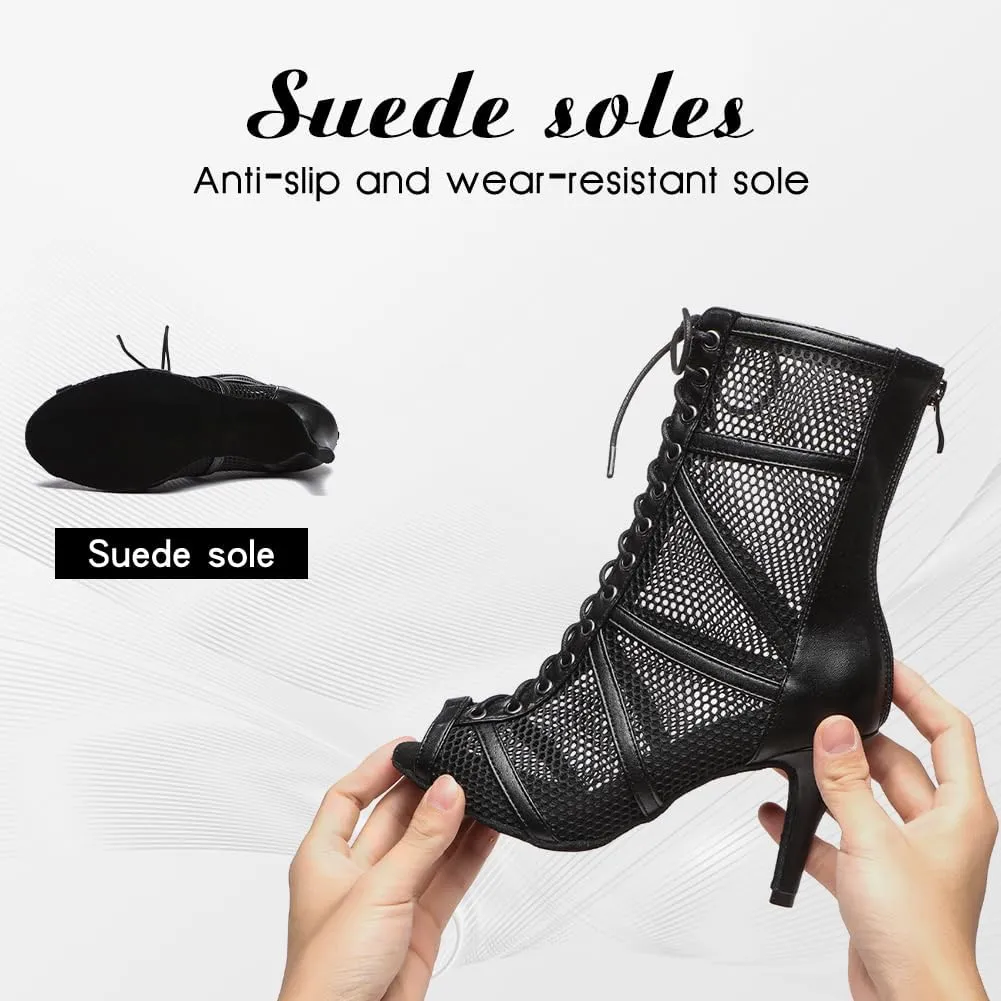 DKZSYIM Open Toe Dance Boots Women Latin Salsa Ballroom Lace-up Ankle Dance Shoes,Model YCL555