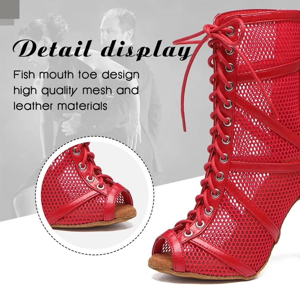 DKZSYIM Open Toe Dance Boots Women Latin Salsa Ballroom Lace-up Ankle Dance Shoes,Model YCL555