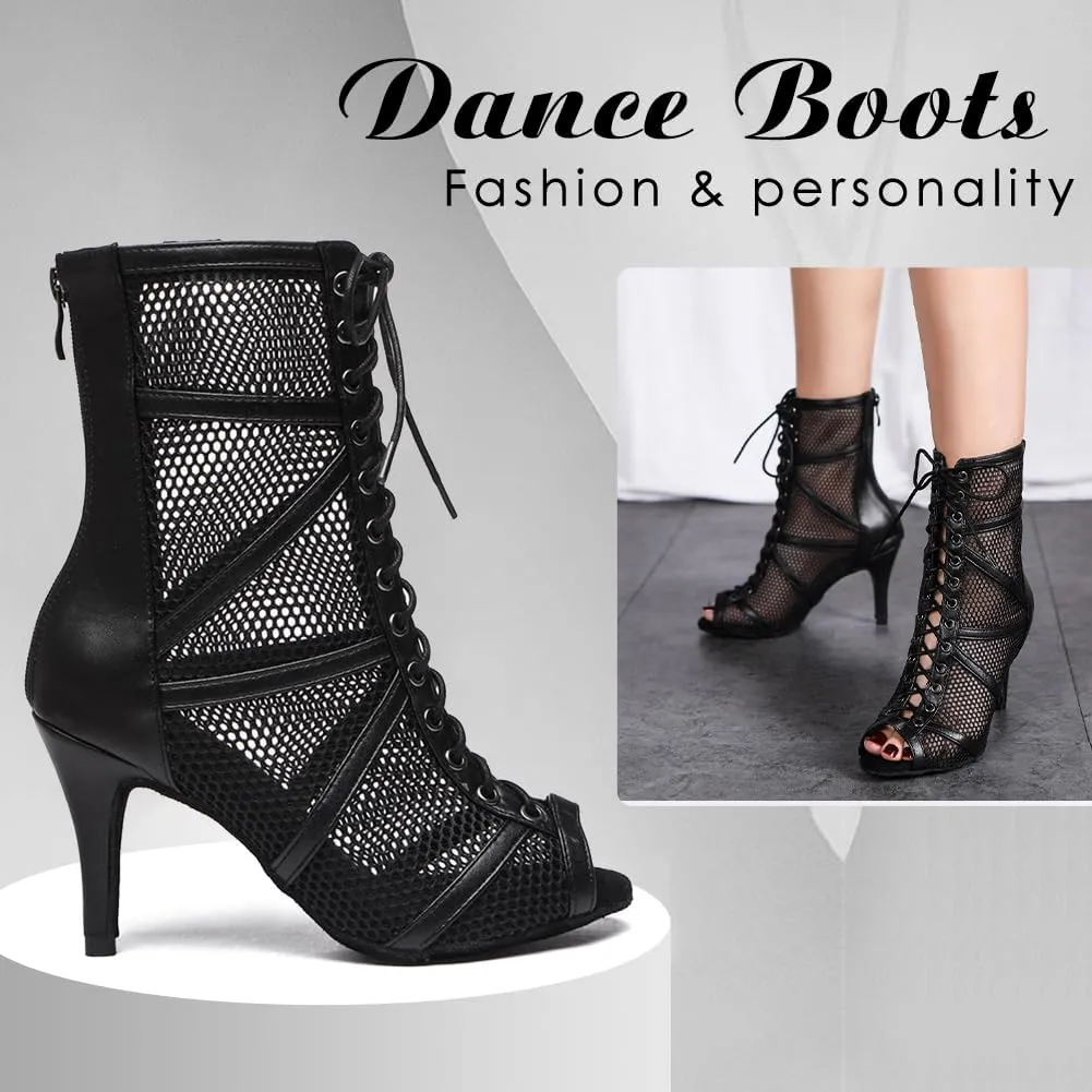DKZSYIM Open Toe Dance Boots Women Latin Salsa Ballroom Lace-up Ankle Dance Shoes,Model YCL555