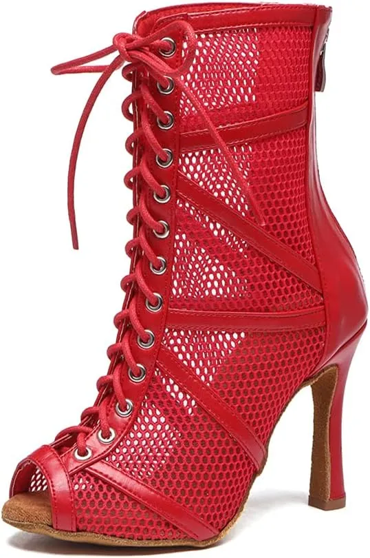 DKZSYIM Open Toe Dance Boots Women Latin Salsa Ballroom Lace-up Ankle Dance Shoes,Model YCL555