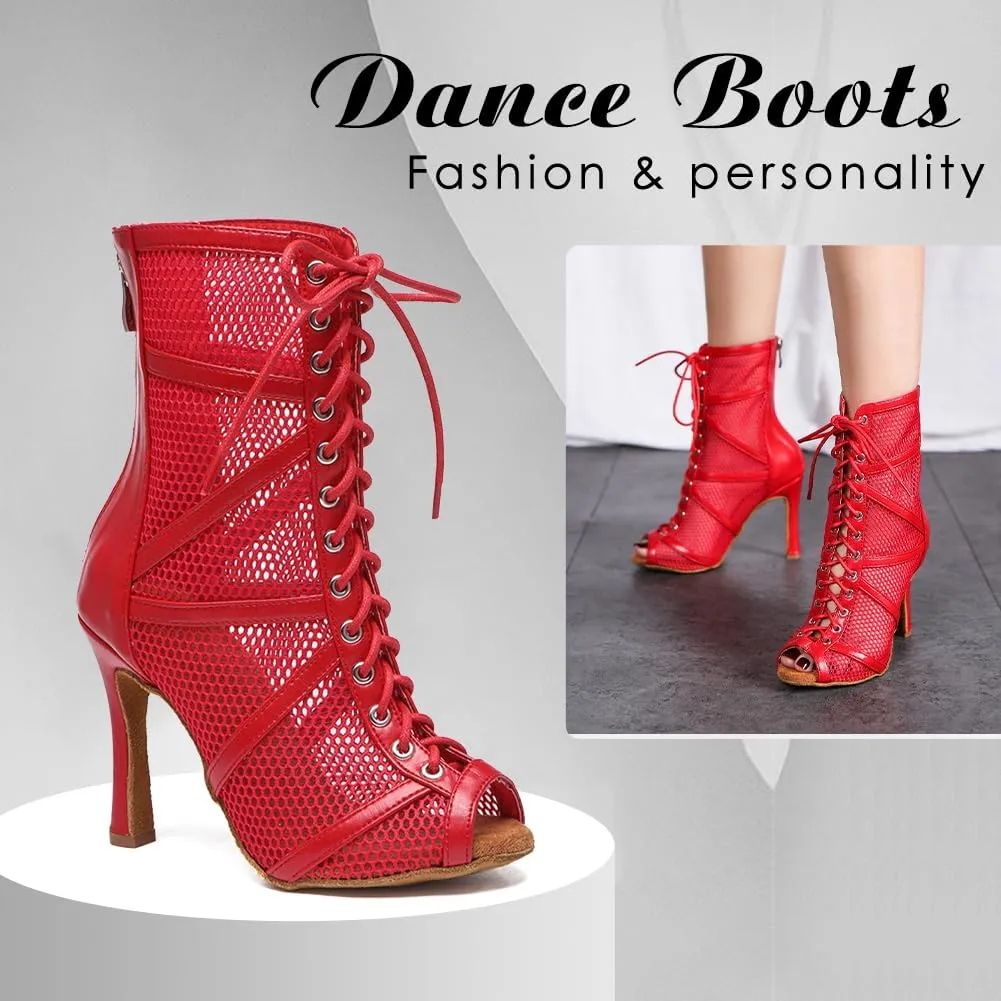 DKZSYIM Open Toe Dance Boots Women Latin Salsa Ballroom Lace-up Ankle Dance Shoes,Model YCL555