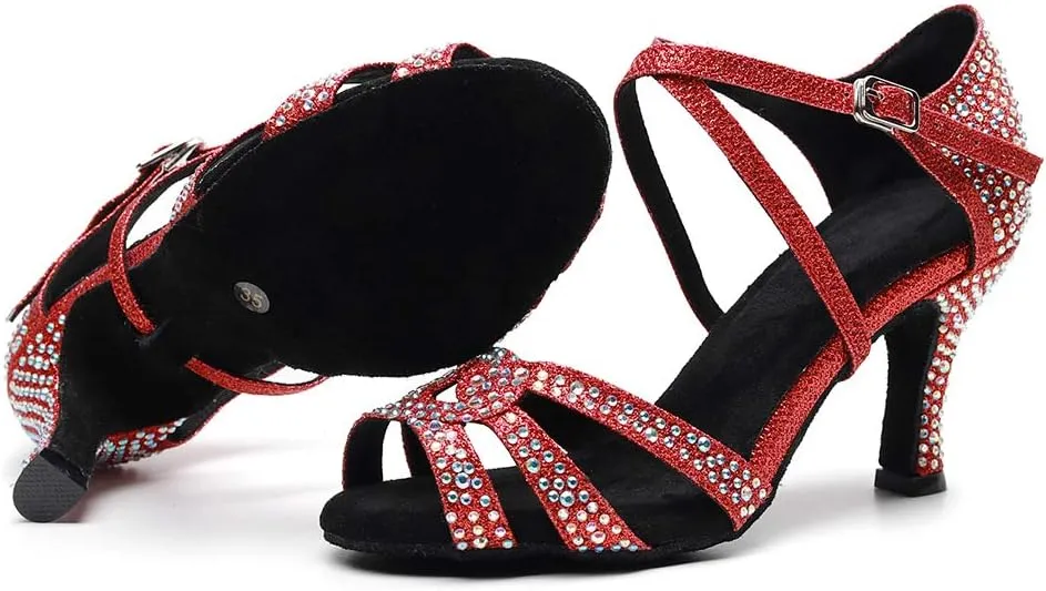DKZSYIM Women Rhinestone Latin Ballroom Dance Shoes Bachata Salsa Practice Performance Dance Shoes,Model QJW7163