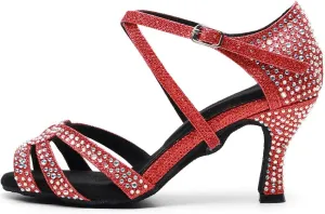 DKZSYIM Women Rhinestone Latin Ballroom Dance Shoes Bachata Salsa Practice Performance Dance Shoes,Model QJW7163