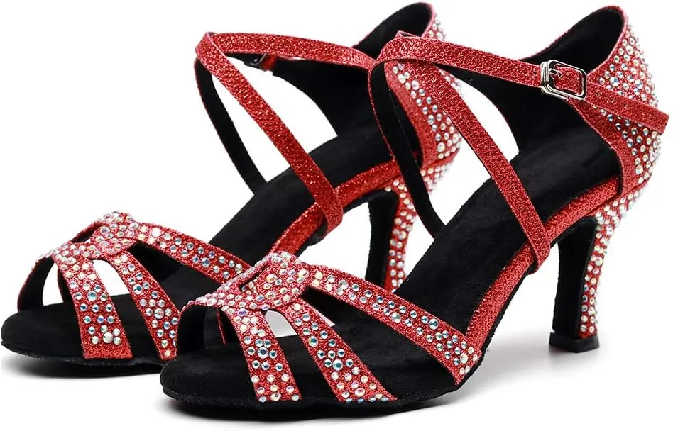 DKZSYIM Women Rhinestone Latin Ballroom Dance Shoes Bachata Salsa Practice Performance Dance Shoes,Model QJW7163