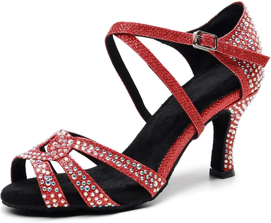 DKZSYIM Women Rhinestone Latin Ballroom Dance Shoes Bachata Salsa Practice Performance Dance Shoes,Model QJW7163