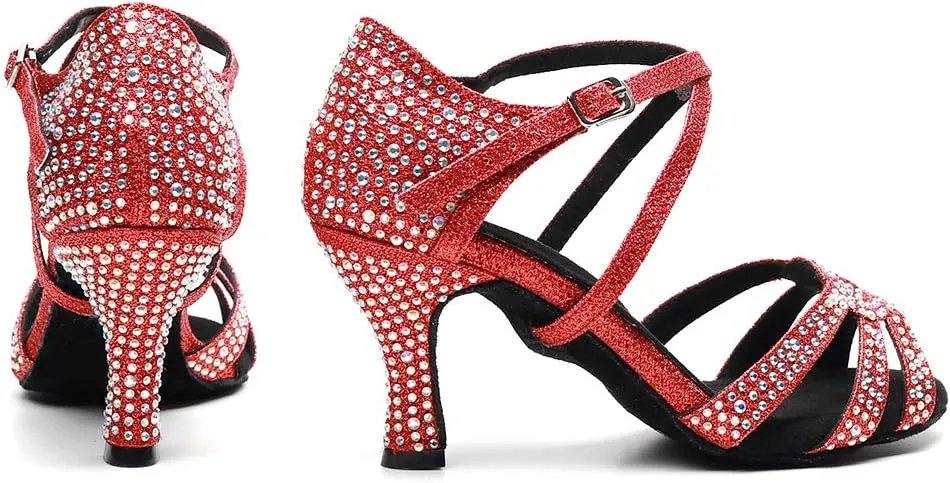 DKZSYIM Women Rhinestone Latin Ballroom Dance Shoes Bachata Salsa Practice Performance Dance Shoes,Model QJW7163