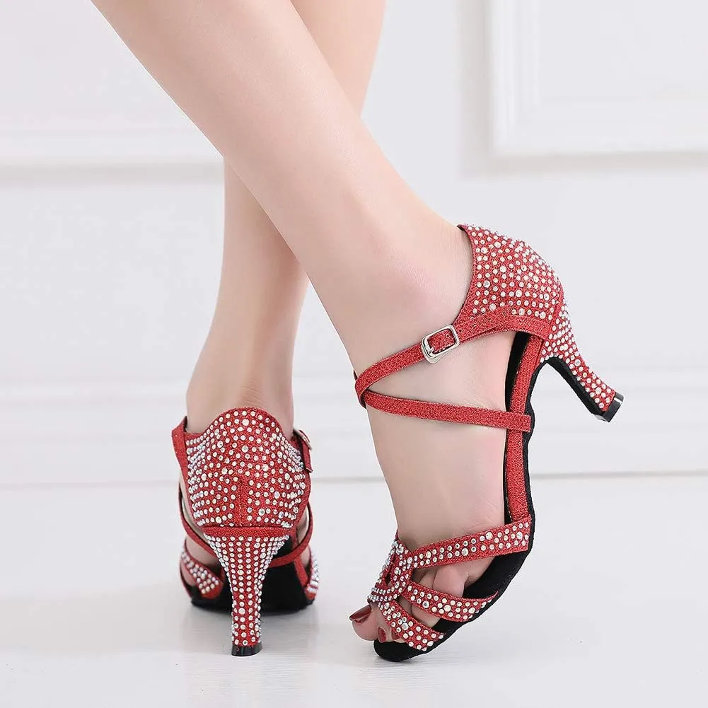 DKZSYIM Women Rhinestone Latin Ballroom Dance Shoes Bachata Salsa Practice Performance Dance Shoes,Model QJW7163