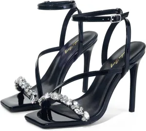 Elisabet Tang Womens Crystal Stilettos Heeled Sandals, 4 Inch Square Open Toe Strappy Sexy High Heels Ankle Strap Buckle Heels for Party Wedding Dress Daily Wear Shoes