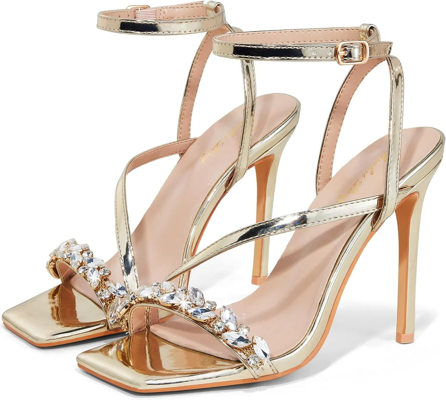 Elisabet Tang Womens Crystal Stilettos Heeled Sandals, 4 Inch Square Open Toe Strappy Sexy High Heels Ankle Strap Buckle Heels for Party Wedding Dress Daily Wear Shoes