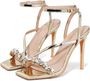 Elisabet Tang Womens Crystal Stilettos Heeled Sandals, 4 Inch Square Open Toe Strappy Sexy High Heels Ankle Strap Buckle Heels for Party Wedding Dress Daily Wear Shoes