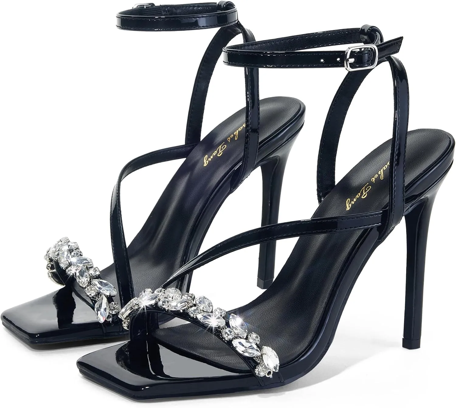 Elisabet Tang Womens Crystal Stilettos Heeled Sandals, 4 Inch Square Open Toe Strappy Sexy High Heels Ankle Strap Buckle Heels for Party Wedding Dress Daily Wear Shoes