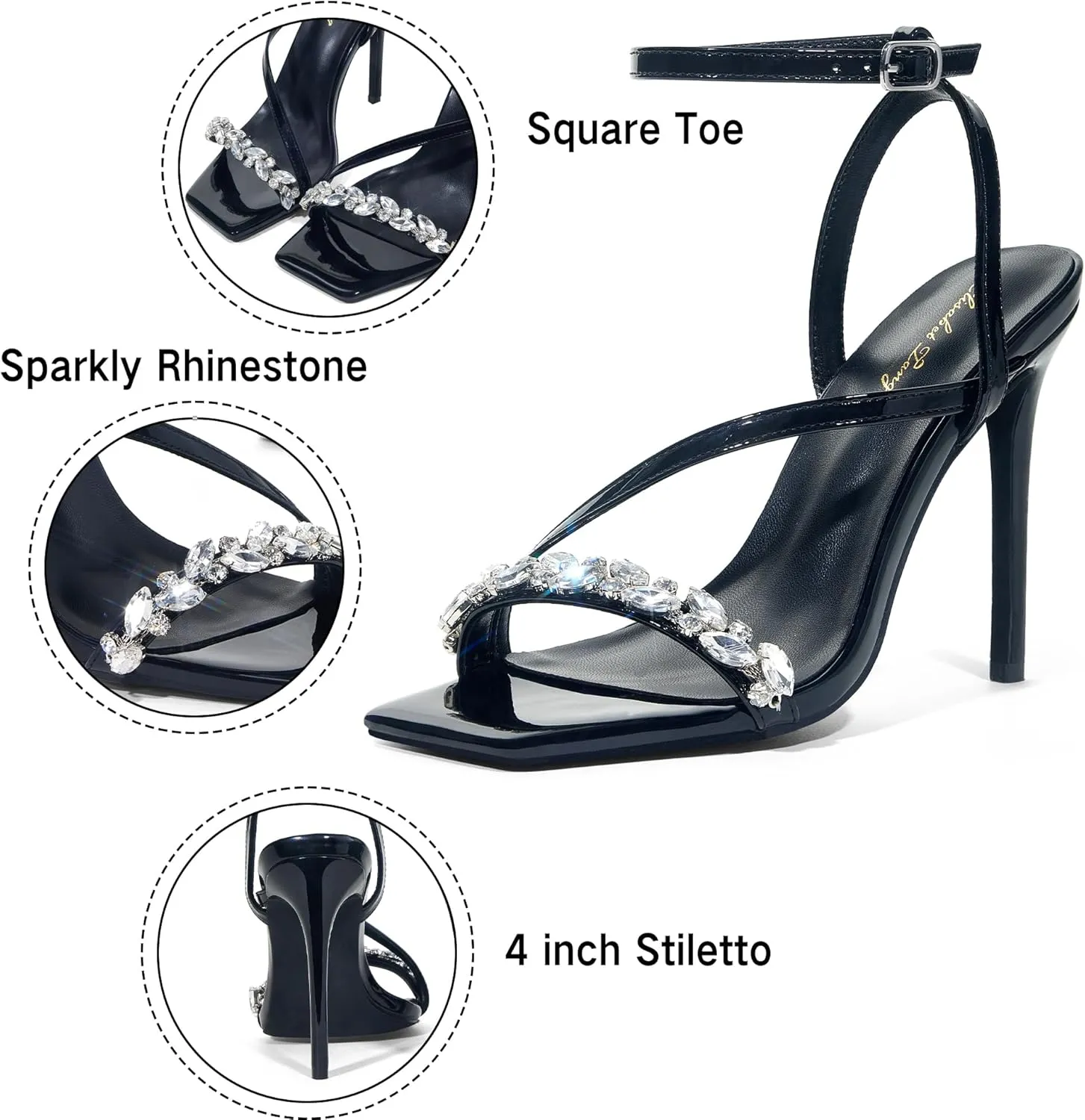 Elisabet Tang Womens Crystal Stilettos Heeled Sandals, 4 Inch Square Open Toe Strappy Sexy High Heels Ankle Strap Buckle Heels for Party Wedding Dress Daily Wear Shoes