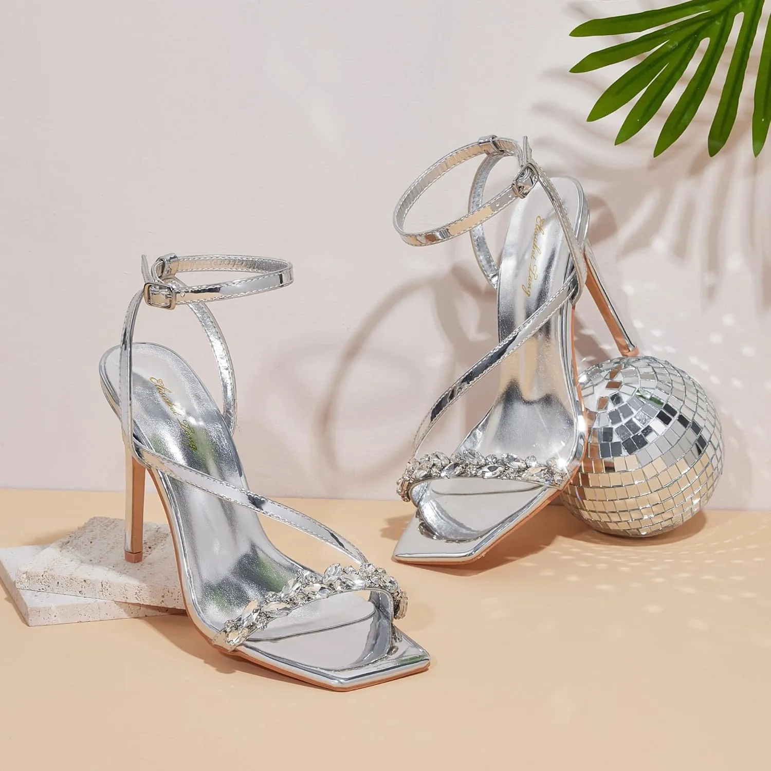Elisabet Tang Womens Crystal Stilettos Heeled Sandals, 4 Inch Square Open Toe Strappy Sexy High Heels Ankle Strap Buckle Heels for Party Wedding Dress Daily Wear Shoes