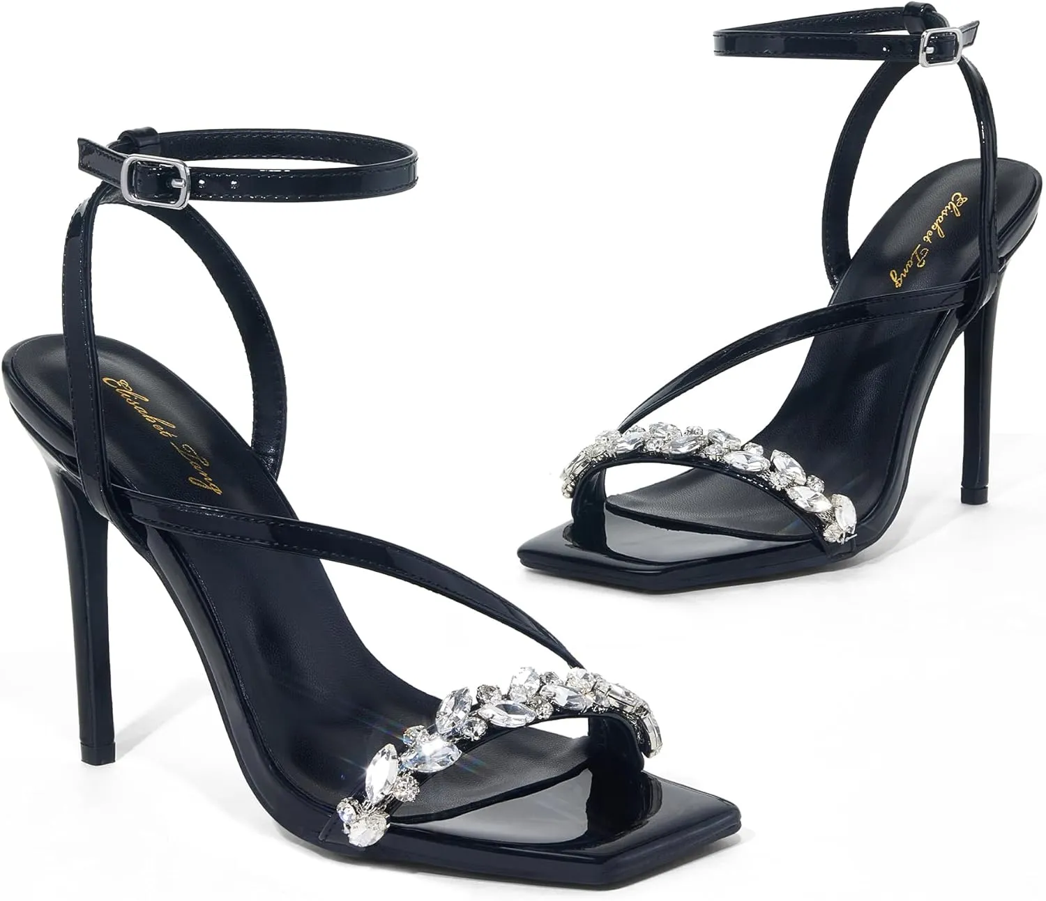 Elisabet Tang Womens Crystal Stilettos Heeled Sandals, 4 Inch Square Open Toe Strappy Sexy High Heels Ankle Strap Buckle Heels for Party Wedding Dress Daily Wear Shoes