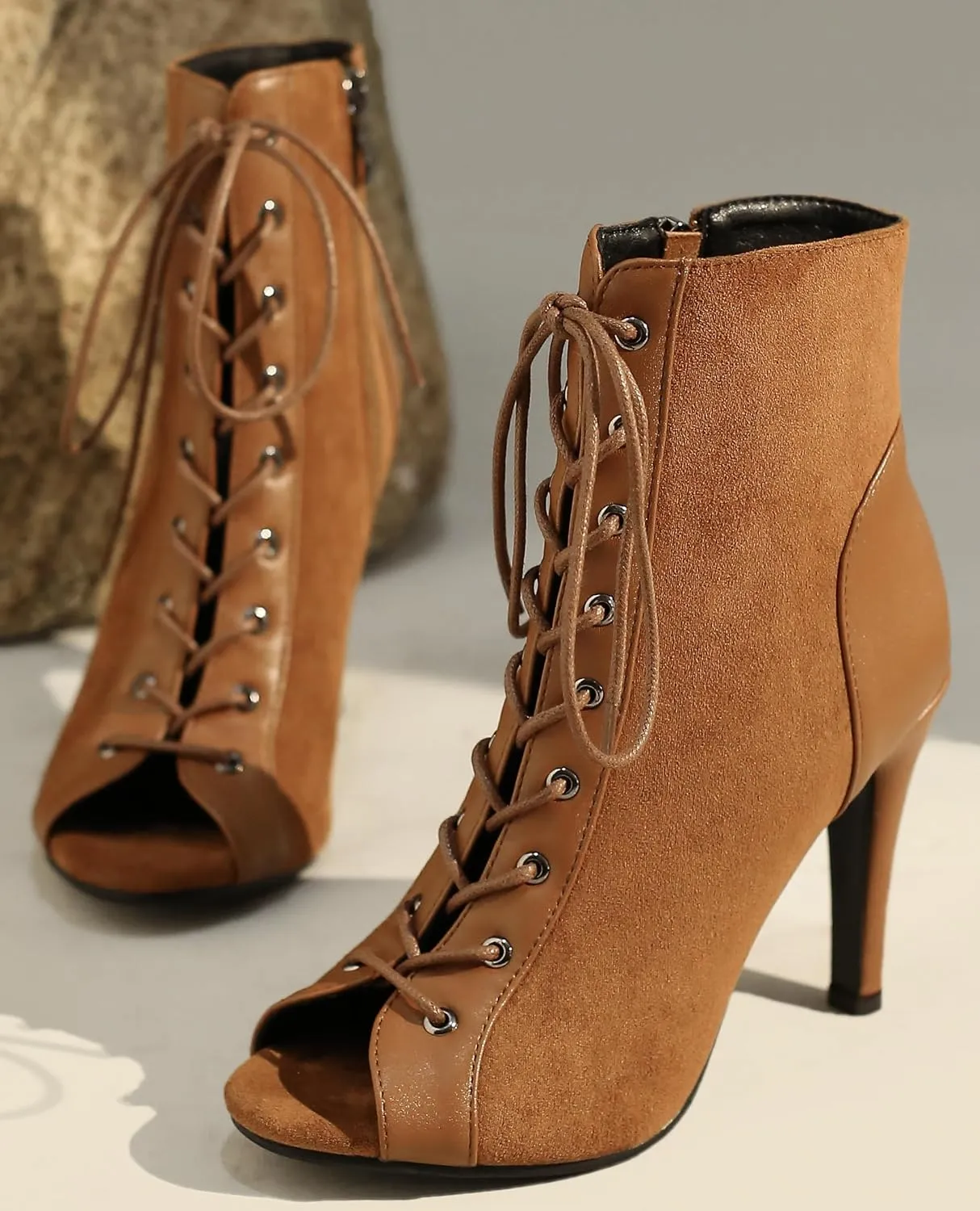 FENIKUSU Women's Ballroom Dance Shoes Peep Toe Gladiator Heeled Latin Salsa Boots Plus Size Model F7