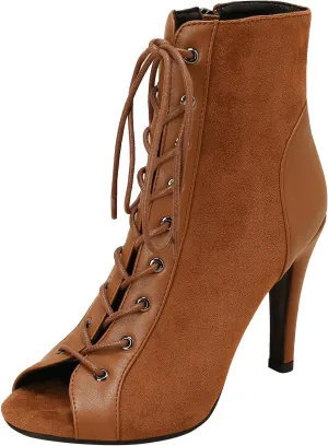 FENIKUSU Women's Ballroom Dance Shoes Peep Toe Gladiator Heeled Latin Salsa Boots Plus Size Model F7