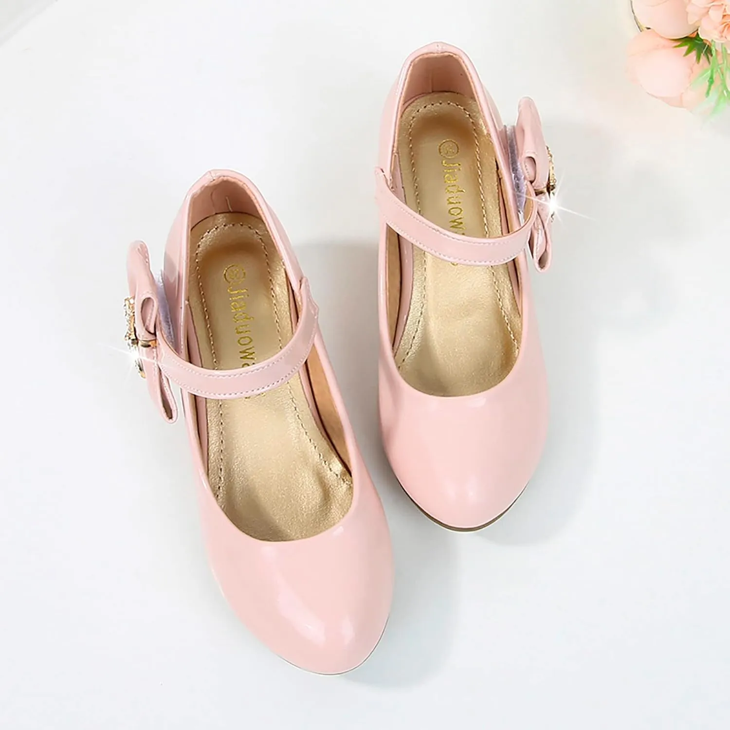 Girls Heels Dress Shoes Mary Jane hinestones Bows Pumps Low Heel Princess Flower Wedding Pary for Toddler Kids