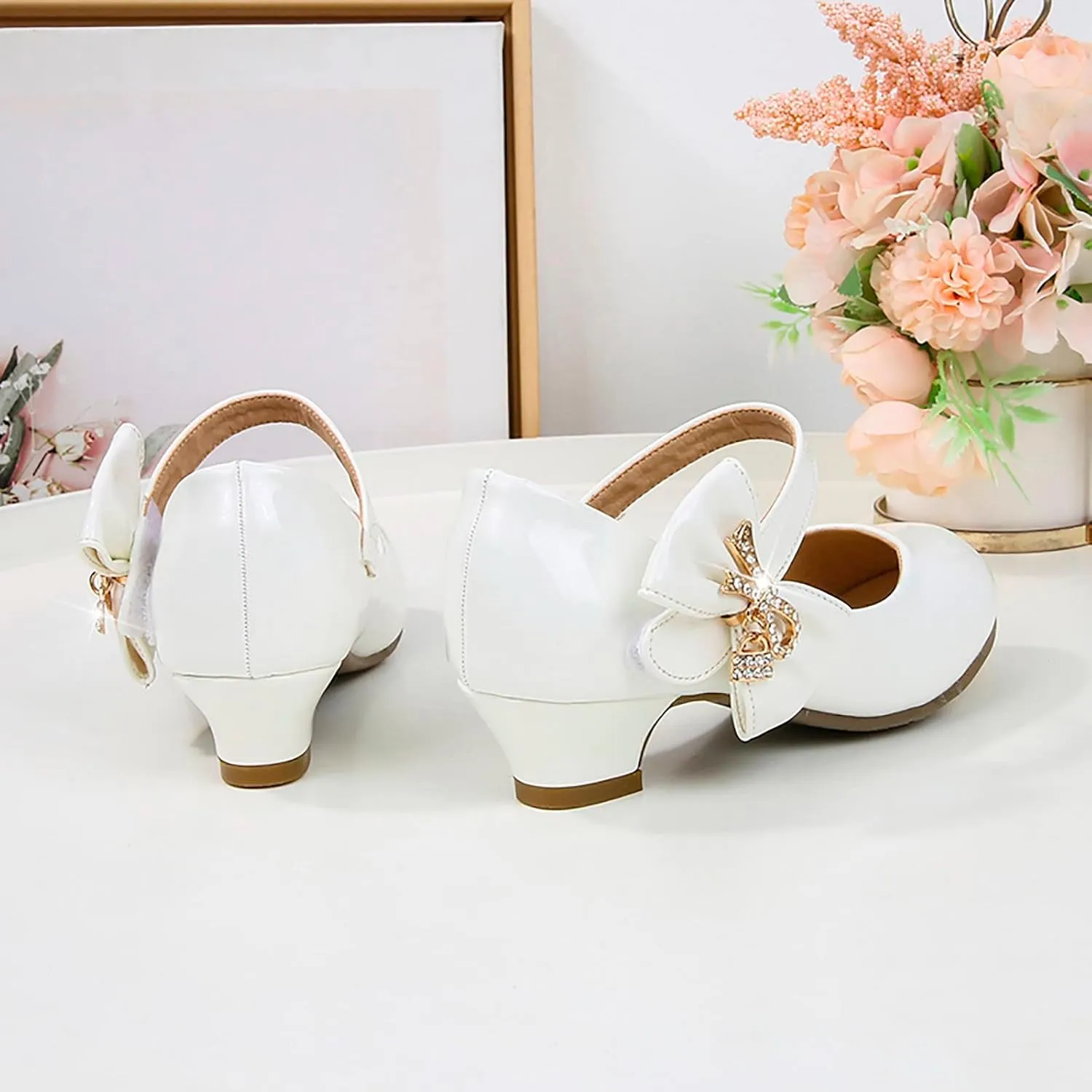 Girls Heels Dress Shoes Mary Jane hinestones Bows Pumps Low Heel Princess Flower Wedding Pary for Toddler Kids
